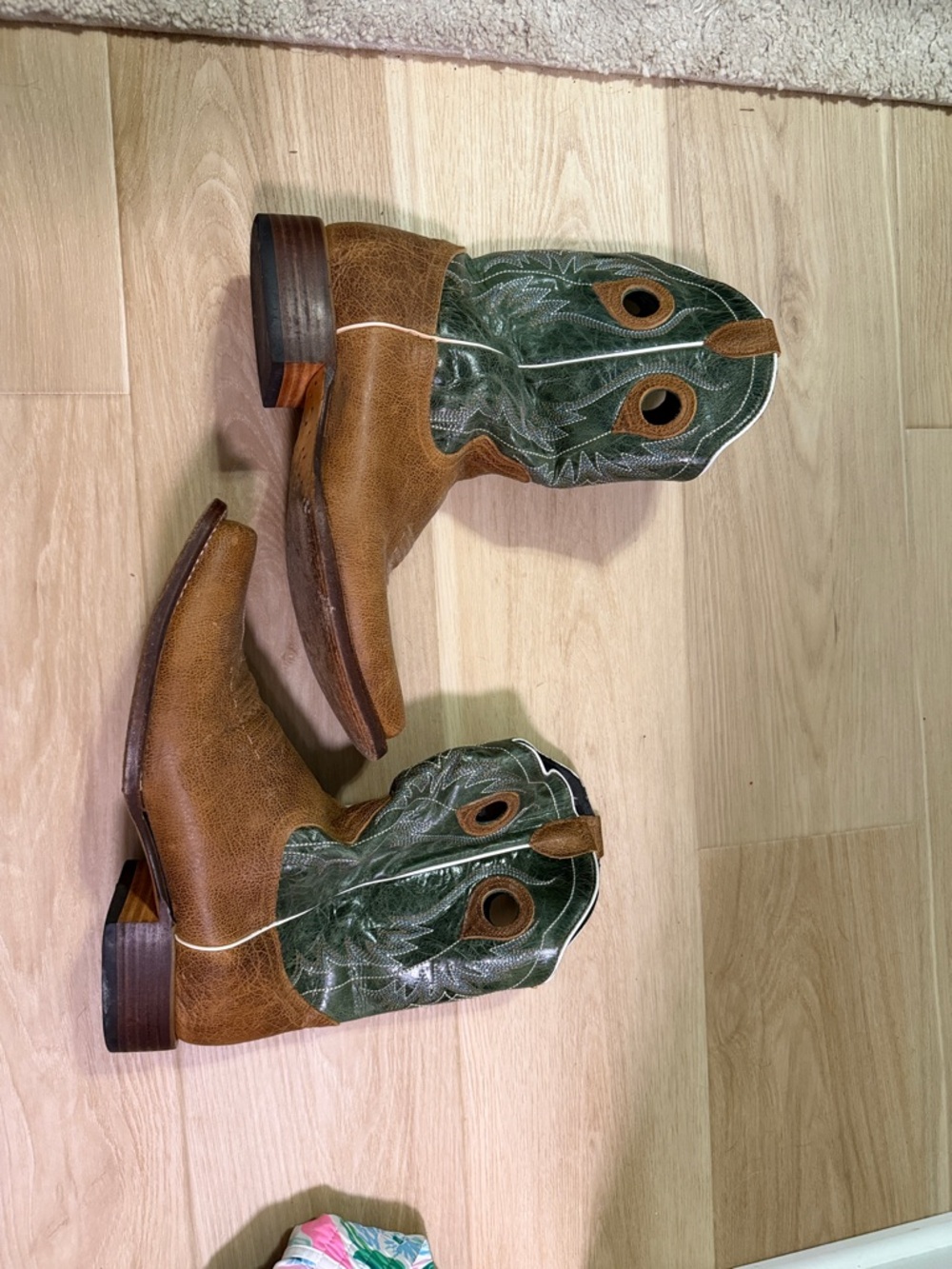 J.B. Dillon Two-Tone Brown Leather Cowboy Boots with Green Embroidered Shaft